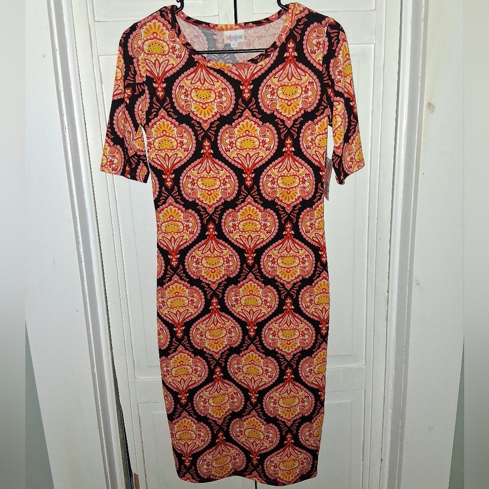 LuLaRoe Black and Orange Patterned Midi Dress